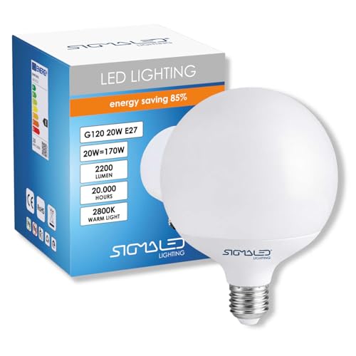Sigmaled lighting – Ampoule LED E27 Globe G120 20W 2200 lm, Blanc Chaud 2800K, Équivalent 170W, CRI>80, Ø120 mm, Grande Ampoule LED Sphérique Décorative,...