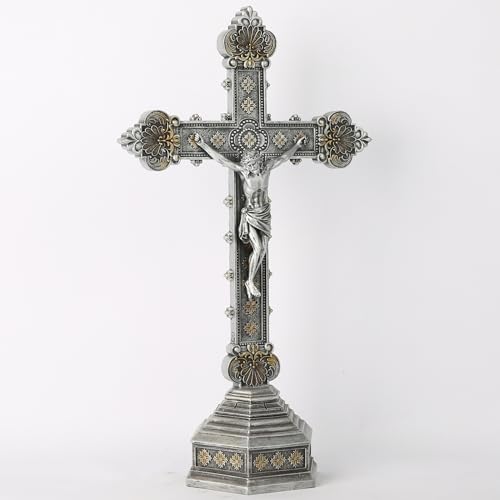 BC Catholic Crucifix Standing Cross for Altar, Silver Crucifix Tabletop Decor for Elegant Modern Home, Religious Gift, 14.7\" H Handmade Renaissance Sculpture by Buildclassic