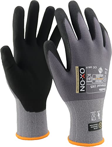 OX-ON Flexible Advanced 1905 Grey Work Gloves, Extremely Durable Safety Gloves, Secure & Precise Grip, Protective & Comfortable Nitrile Gloves, Phone Touch,Breathable Mechanic Gloves -6pairs,Size 6/XS