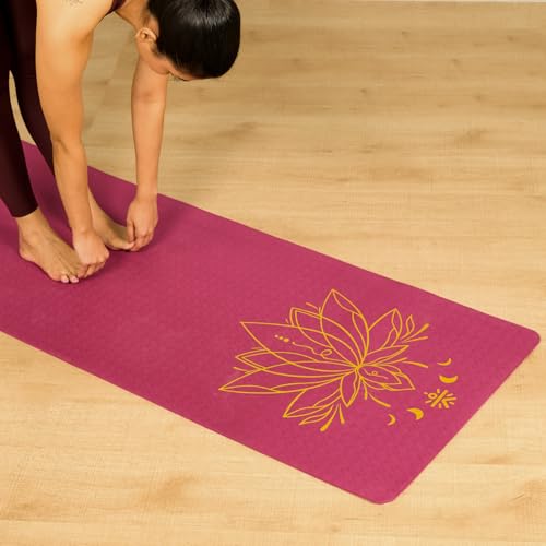 Image of CULT Lotus Print Yoga Mat for Woman & Yoga Mat for Man | 6mm TPE Anti-Slip Workout Mat for Home Gym | Premium Exercise Mat & Fitness Mat for Kids & Adults | Yoga Mats with Carry Bag (Purple)