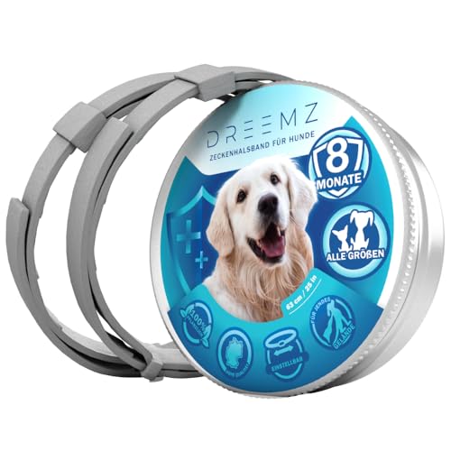 DREEMZ ® Zeckenhalsband für Hunde - Flohhalsband hundeFlohschutz Halsband für Hunde – Zeckenhalsband - 100% Natürlich - Schutzhalsband gegen Flöhe - 8 Monate Schutz - 63cm verstellbar (2 Einheiten)