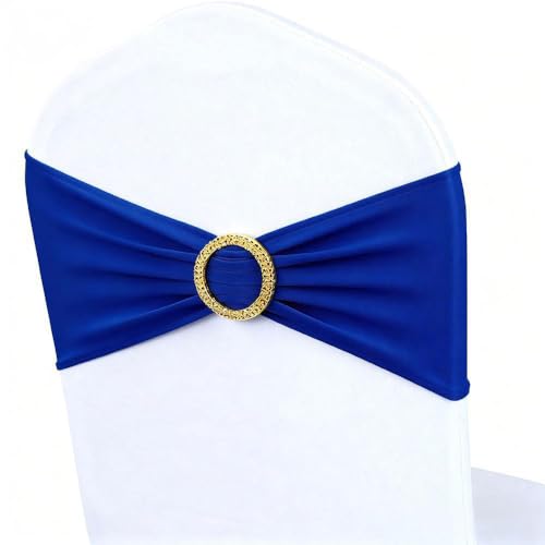 Image of Royal Blue Chair Sashes 50 Pack, Spandex Blue Chair Bows with Gold Buckle for Wedding Decoration, Stretch Blue Chairs Bands for Party Banquet Gender Reveal Decor