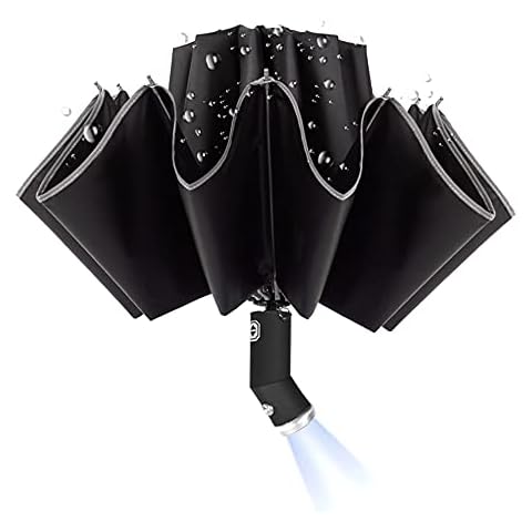 JOQINEER Inverted Umbrella with LED Light Windproof Folding Umbrella 12 Ribs Auto Open Close Golf Umbrella Hydrophobic Material Umbrella Lightweight Umbrella with Night Reflective Stripes Cover