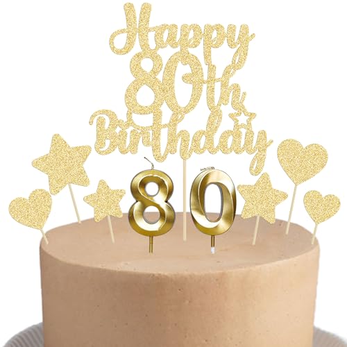 Gyufise 15Pcs Happy 80th Birthday Cake Topper Set with Heart Star Glitter Cheers to 80 Years Cake Picks Number 80 Candles Cake Decorations for Happy 80th Birthday Anniversary Party Supplies Gold