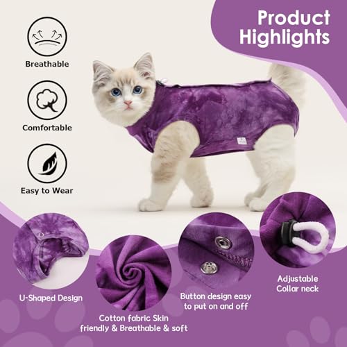 Image of SAWMONG Cat Surgery Recovery Suit,Breathable Cat Onesie After Surgery Spay Surgical,E-Collar Alternative Non-Lick Pet Body Suit Purple M