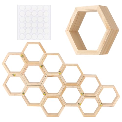 OLYCRAFT 14Pcs Hexagon Honeycomb Cupcake Display Stand Farmhouse Hexagonal Floating Table Sign with 50Pcs Tiny Wooden Bee 30Pcs Double Sided Adhesive for Wedding Birthday Party Table Decorations