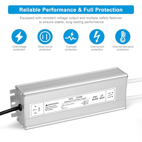 Image of 24V 120W LED Power Supply, IP67 Waterproof LED Driver, AC 110V to DC 24 Volt 5A Low Voltage Transformer Converter for Outdoor LED Strip & Landscape Lighting, 3-Prong Plug with 3.3FT Cable