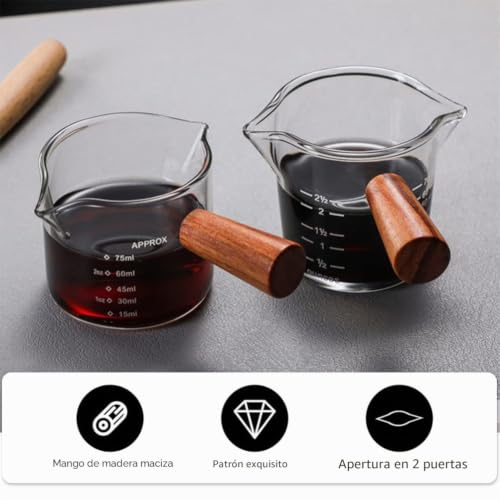 Taza medidora de café espresso con doble boquilla antigoteo y mango aislante de madera, 2 piezas 8