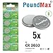 PoundMax CR2032 Lithium Coin Cell Battery, Compatible with AirTag, 3V Long-Lasting Reliable Power for Watches, Calculators, Electronic Toys - Leak-Proof BR2032 DL2032 EA2032 ECR2032 KCR2032 (5 Pack)