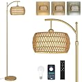 eyassi Arc Floor Lamp with 3 Color Temperatures, LED Gold Floor Lamp with Remote & Stepless Dimmable Bulb, Boho Standing Lamp with Rattan & Fabric Shades, Farmhouse Tall Lamp for Living Room Bedroom