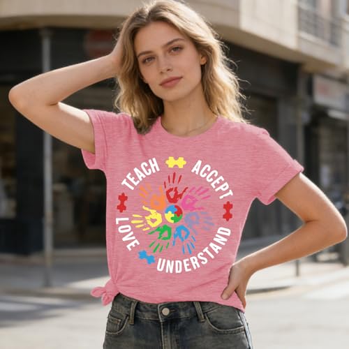 Image of Autism Teach Shirts Women Autism Awareness T Shirt Autism Support Tee Tops Autism Teacher Short Sleeve Shirt