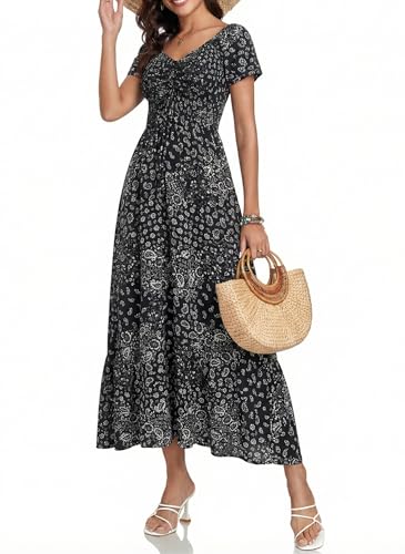 Image of Summer Smocked Boho Maxi Dress for Women 2026 Short Sleeve Floral Smocked Flowy Ruffled Beach Vacation Dresses Lightweight