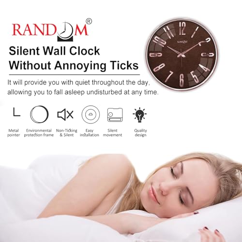 Image of RANDOM Silent Wall Clock, Brown with Rose Gold, Non-Ticking Quartz Movement, Metal Hands, 3D Foiling Numbers, HD Clear Glass