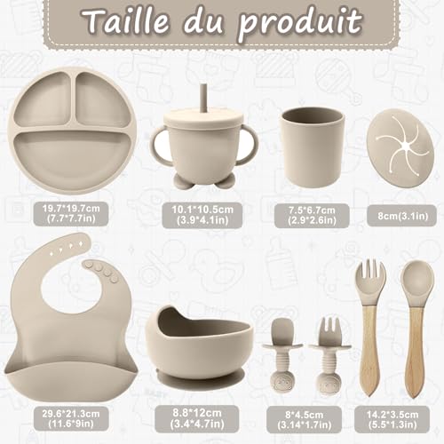 Baby Geschirrset,12er Set Kindergeschirr, Babylöffel,Trinklernbecher,Silikon Lätzchen,Baby Teller Kinderteller mit Saugnapf,Baby Led Weaning Besteck Set, BPA Frei,Spülmaschinen Und Mikrowellen Safe