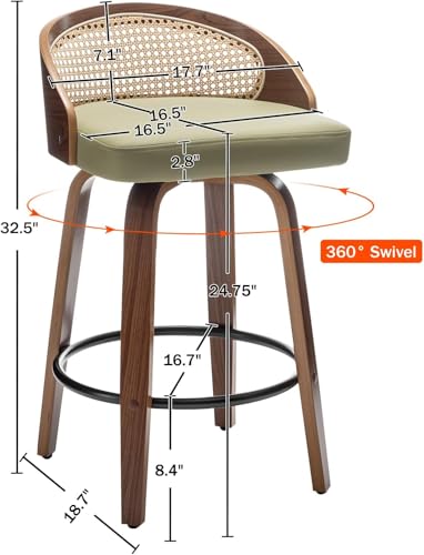Image of 24.8 inch Swivel Rattan Bar Stools Set of 3,Mid-Century Modern Green Leather Upholstered Counter Height Stools,Kitchen Island Barstools with Rattan Low Backrest,Walnut Wood Finish Bar Chair