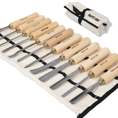HURRICANE 12-Piece Wood Carving Tools Set Professional Wood Carving Chisels Kit with Razor Sharp 60CRV Steel Blades Ash Wood Handles & Canvas Case for Beginners & Professionals