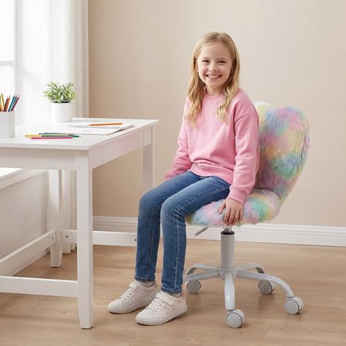 Image of Kmax Kids Reading Chair, Rolling Cute Desk Chair for Girls Swivel Office Chair with Wheels & Heart Back Adjustable Childrens Vanity Chair for Bedroom Reading Room - Faux Fur, Various