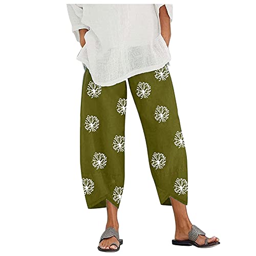 Image of Cotton Linen Capri Pants for Women 2025 Casual Printed Cropped Palazzo Pants Elastic Waist Lounge Baggy Trousers