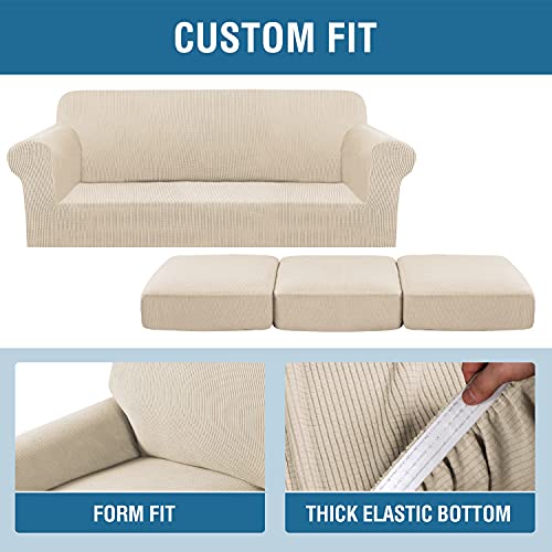 H.Versailtex PART-HVBLSOFA-3SEAT-NATURAL 4 Piece Stretch Couch Covers For 3 Cushion Couch Sofa Furniture Slipcovers Feature Upgraded Thicker Jacquard Fabric thumb #3