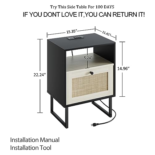 Image of Masupu Boho Night Stand, Small Rattan Side Table, Wood Nightstand with Drawer and Charging Station, Bedside Table with White Shelf, End Table for Bedroom,Living Room,Office (Black Mix White)