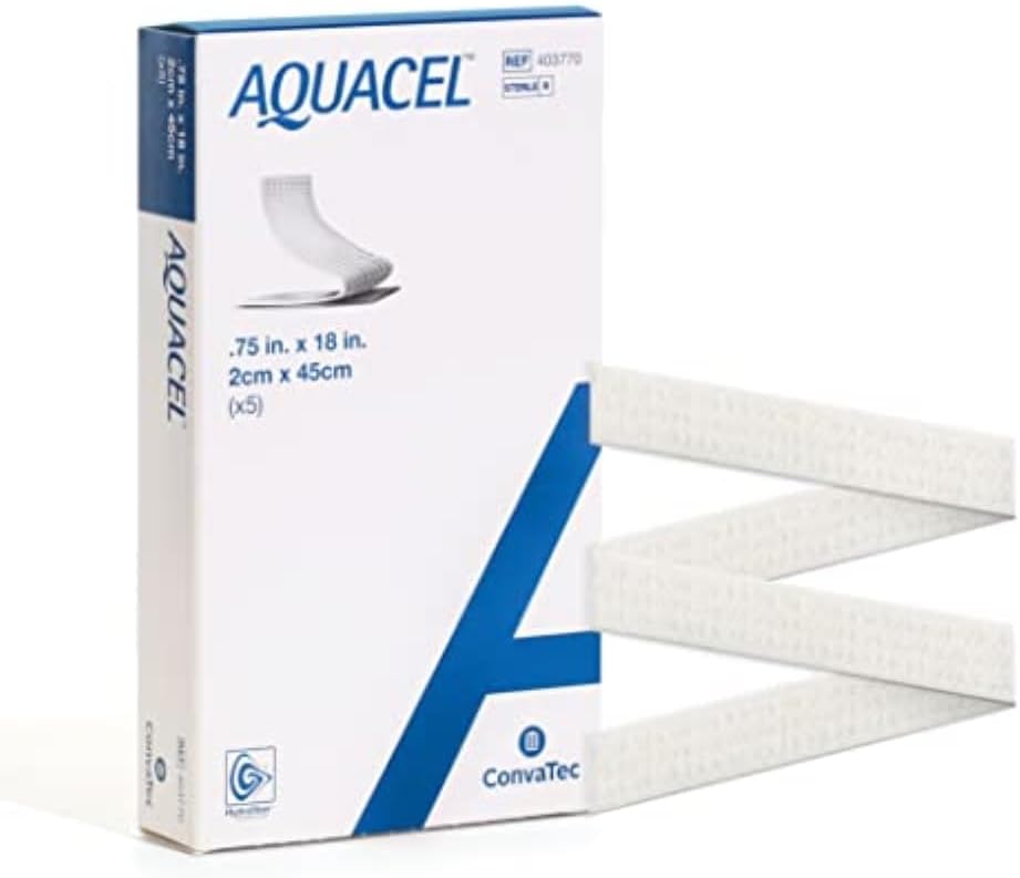 AQUACEL Hydrofiber 0.75"x18" Ribbon Dressing with Strengthening Fiber for Packing Small Wounds, Medical Grade, Absorbant, Non-Woven, Sterile, 5ct Box