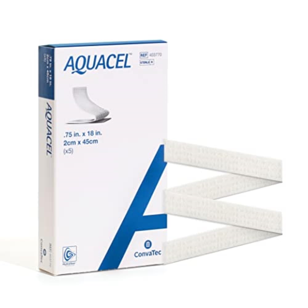 ConvaTec AQUACEL Hydrofiber 0.75"x18" Ribbon Dressing with Strengthening Fiber for Packing Small Wounds, Medical Grade, Absorbant, Non-Woven, Sterile, 5ct Box