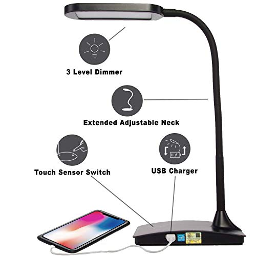 Tw Lighting Led Desk Lamp With Usb Charging Port, 3-Way Touch Switch,Ivy-40Wt, Black #TOP1