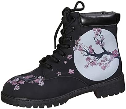 SoeHir Ladies Fashion Leather Floral Print Lace Up Chunky Heel Short Boots Women Boots with Bow (Black, 6.5)