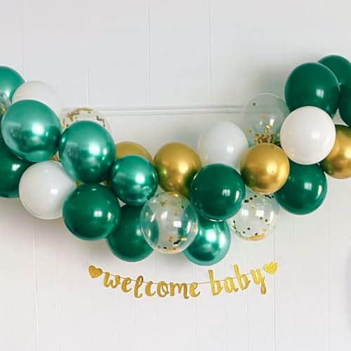Image of Metallic Green Gold Balloons, 60 Packs 12 Inch Dark Green White Gold Latex Balloons with Ribbons for Wedding, Anniversary, Birthday, Baby Shower, Jungle Sarfari Party