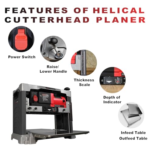 FindBuyTool 13" Benchtop Wood Thickness Planer with Helical Cutterhead, 120V 15-AMP 20000RPM Power Electric Motor Infeeding Worktable for Woodworking - Image 2