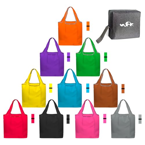WFK Festival Reusable Shopping Bag, Zipper Storage Bag, 10 Piece Set Colorful Reusable Handbag, with Elastic Band, Zipper Storage Bag, Foldable, Machine Washable, Festival Gift