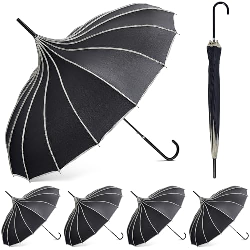 Abbylike 6 Pcs Parasol Pagoda Umbrella 36 Inch Large Gothic Parasol for Sun Protection Old-fashionable Women Goth Umbrella with Long Handle for Rain, UV Protection, Wedding Gifts (Stylish Black)
