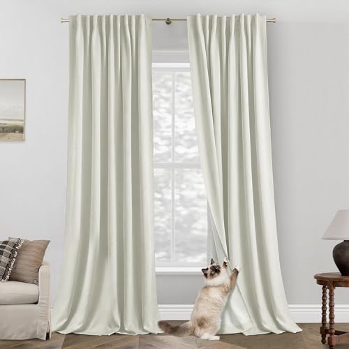 Image of 90 Inch Thermal Lined Blackout Curtains, Refined Brushed Twill Linen Look, Pleated Drapery Panel to Black Out Light for Bedroom Living Room, 52x90 Long, Cream Ivory