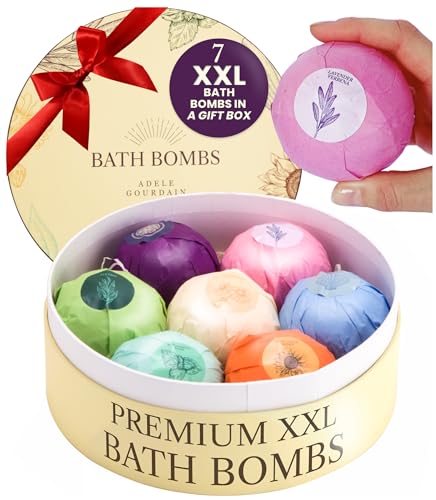 ADELEGOURDAIN Bath Bombs Set 7 pcs XXL Size - Gift Set for Women, 200g/7oz, Mineral Bath Bombs for Sensitive Skin, Gift Set or Birthday or Mothers Day, Gift Box Idea for Her