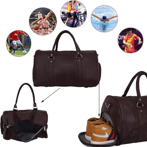 Leather World Duffle Bag for Travel with Shoe Pocket for Men and Women Made of Textured Leatherette with Attachable Shoulder Strap Cabin Bag (Brown)