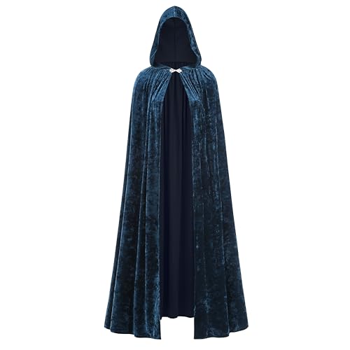 LMYOVE Women Velvet Cape with Hood, Blue Full Length Hooded Cloak for Halloween Mysterious Witch Princess Cosplay, Queen Robe Renaissance Costume