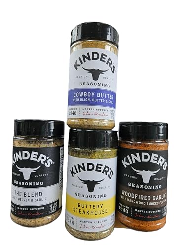 Seasoning Set by KINDERs Pantry Essentials, 4 Pack, 10.5 oz The Blend, 9.5 oz Buttery Steakhouse, 9.5 oz Woodfired Garlic, 9.4 oz Cowboy Butter, Gluten Free, Non-GMO