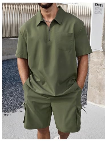 Men's Plus Size Two Piece Collared Neck Half Zipper T Shirts and Drawstring Shorts Clothing Set3