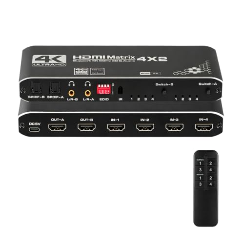 HDMI Matrix Switch 4x2 4K HDMI Matrix Switcher Splitter 4 in 2 Out Box with EDID Extractor and IR Remote Control Support 4K HDR HDMI 2.0b HDCP 2.2 4K@60Hz 3D 1080P