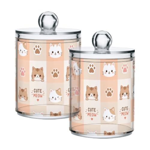 SDMKA 2 Pack Apothecary Jars Bathroom Patchwork Cat Tiles Qtip Holder Dispenser Clear Plastic Storage Canister Jar with Lid for Cotton Ball, Cotton Swab