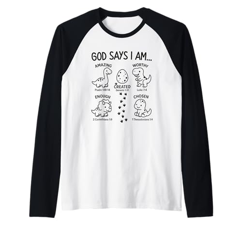 God Says I Am Dinosaur Funny Dino Bible Verse Toddlers Boys Camiseta Manga Raglan