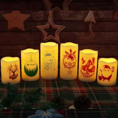 Image of CANDLE CHOICE Waterproof Outdoor Christmas Battery Operated Flameless Candles with Remote Auto Timer Realistic Flickering Electric LED Pillar Lights with Christmas Decals for Xmas Decorations 6 Pack