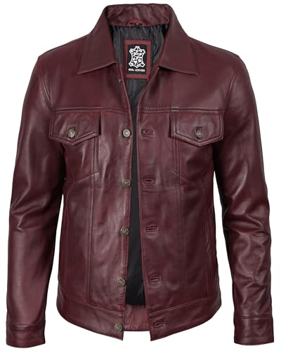 Image of fjackets Real Lambskin Vintage Trucker Leather Jacket Men - Shirt Collar Style Leather Jackets For Mens