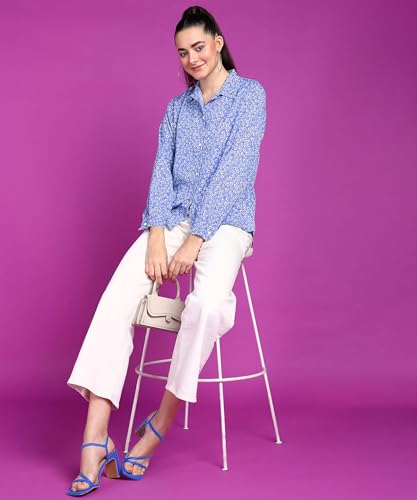 Image of POPWINGS Women Casual Sky Blue Floral Printed Shirt | Collar Button Shirt | Full Sleeve Shirt | Trendy Shirt | Regular Casual Shirt