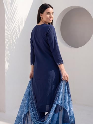 Image of INDO ERA Women's Pure Cotton Solid Solid kurta & Pant with Dupatta Set | Cotton Kurta Set For Woman