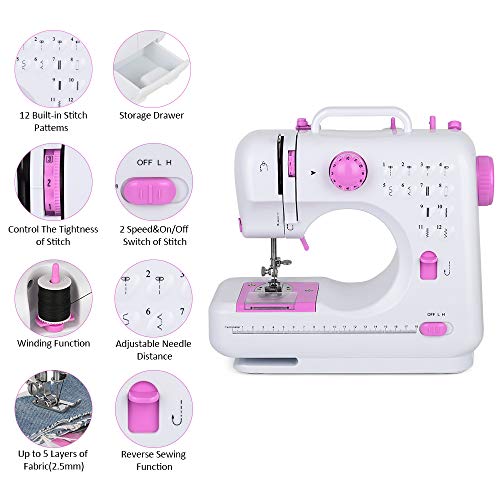 RZChome 12 Stitch Sewing Machine, Portable Household Easy to Use for Beginners Pink Sew 2 Speed with Upgrade
