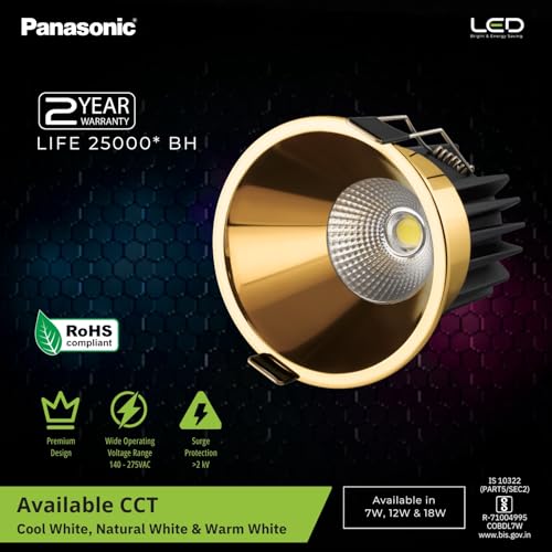 Image of Panasonic 12 Watt Deep Recessed COB Light for Ceiling, Recessed Downlight for Home Decor, Shop, Museum, Restaurant | Yellow Gold Recessed COB Light, Natural White (4000K - PDLM45124)