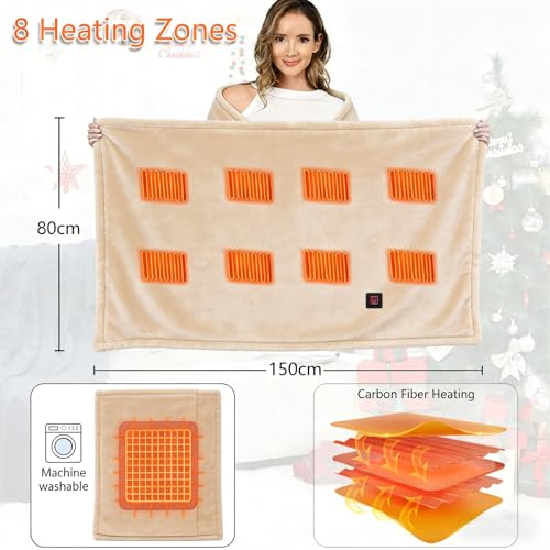 Ahigh Heizdecke mit Akku Kabellos, Elektrische Wärmedecke mit 3 Temperaturstufen & Überhitzungsschutz 150x80cm Doppelseitig Flanell Doppelte Dicke Ideal für Zuhause, Büro, Camping | Waschbar