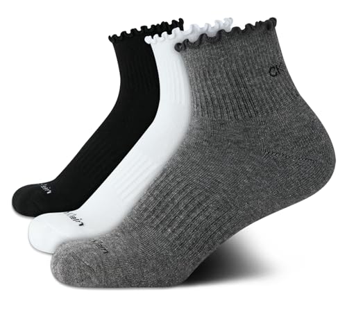 Calvin Klein Womens Quarter Socks - 3 Pack Cotton Cushioned Ruffle Half Crew Socks for Women with Lettuce Edge Cuff (4-10)