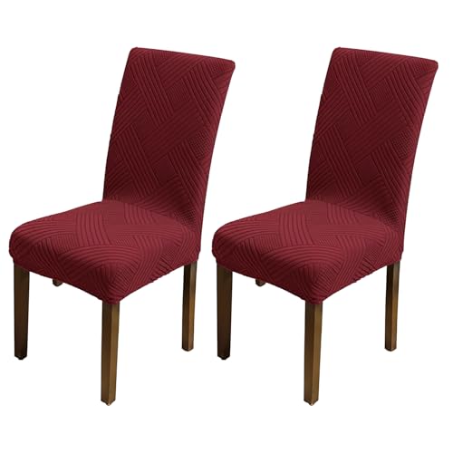Image of House of Quirk Elegant Jacquard Chair Cover - 220 GSM Stretch Fabric, Universal Fit, Washable Short Dining Seat Protector Slipcover (Maroon, Pack of 2)